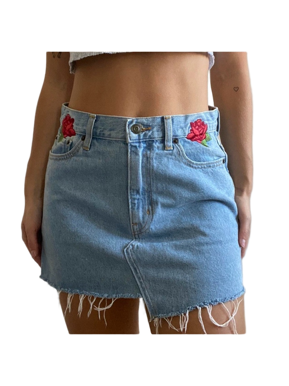 Aritzia TNA Light Blue Denim  Y2K Embroidered Rose Mini Skirt Size 8